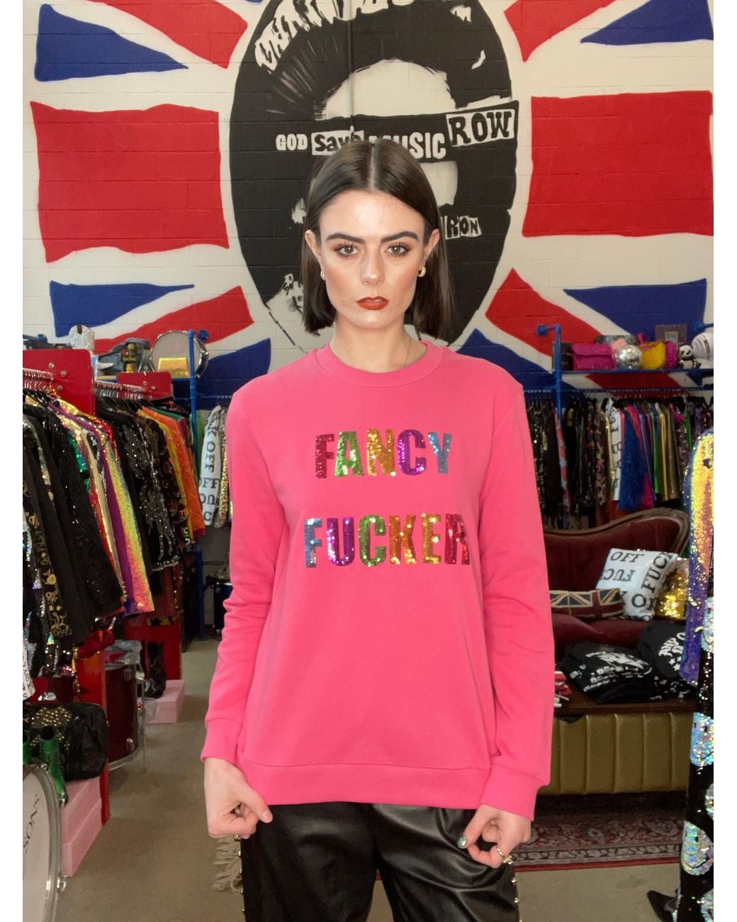Any Old Iron Pink Fancy Fucker Sequin Sweatshirt