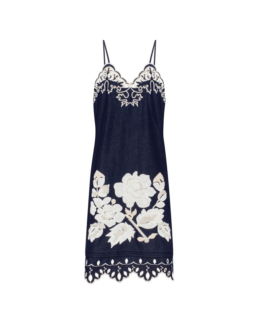 Annabo Blue Amber Rose Embroidered Denim Midi Sundress