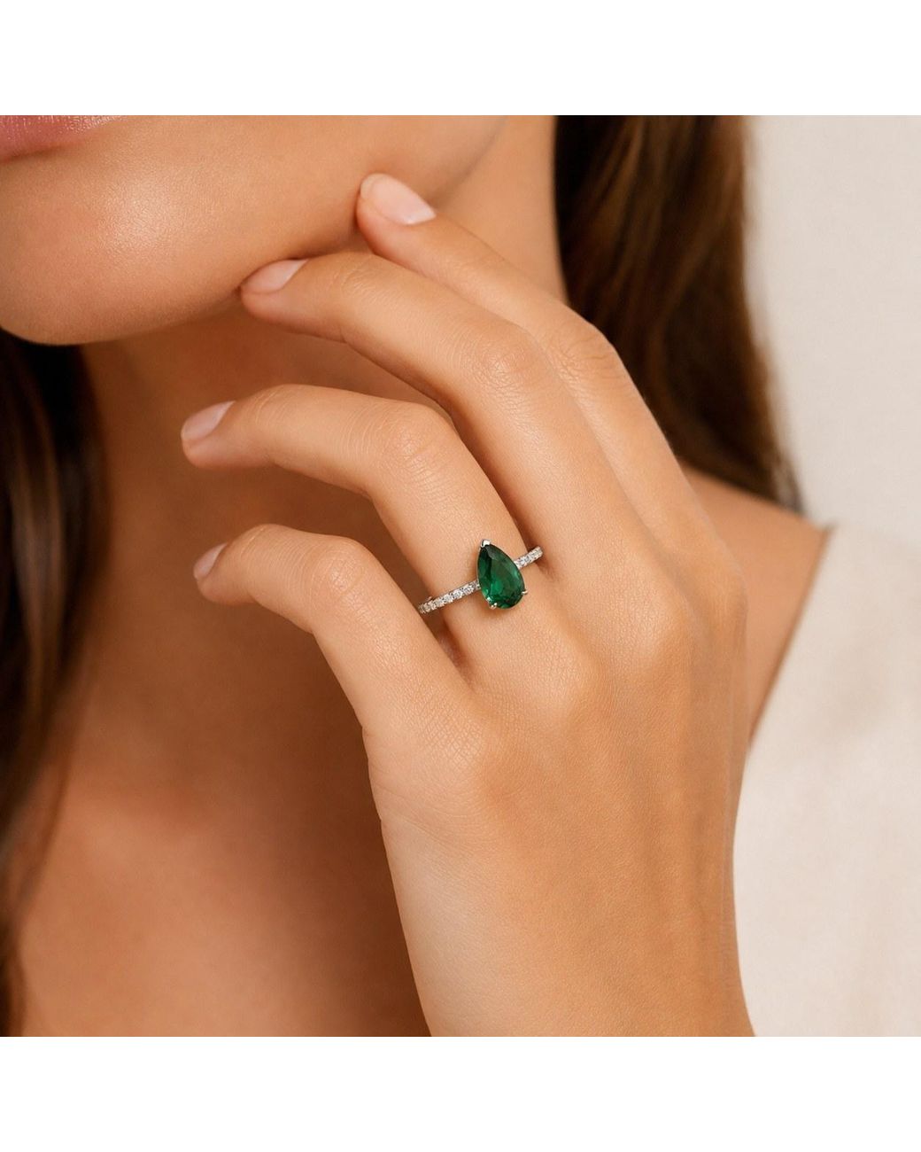 Juvetti Green Ostry Emerald Pear-Cut & Diamond Pave Shoulder Ring