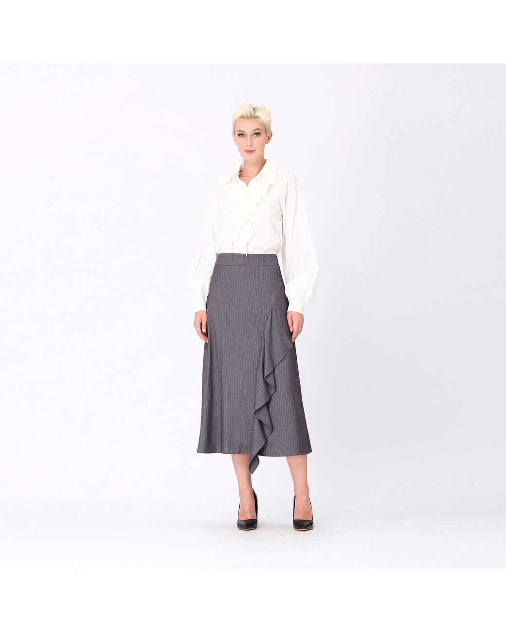Smart and Joy Gray Asymmetric Ruffle Flared Midi Skirt