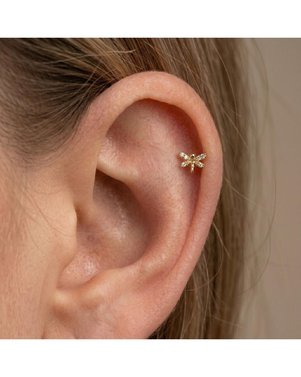Zahav Jewelry Metallic 14K Solid 18G 8Mm Dragonfly Cz Internally Threaded Flat Back Stud