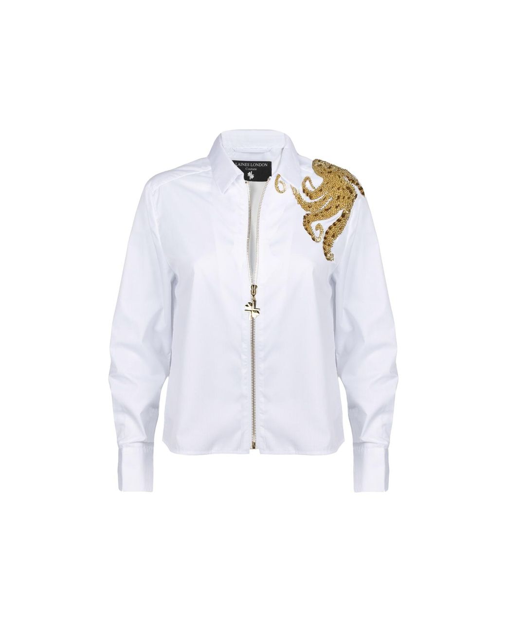 House of Laines London White Laines Couture Zip Shirt With Shoulder Octopus Embellishment