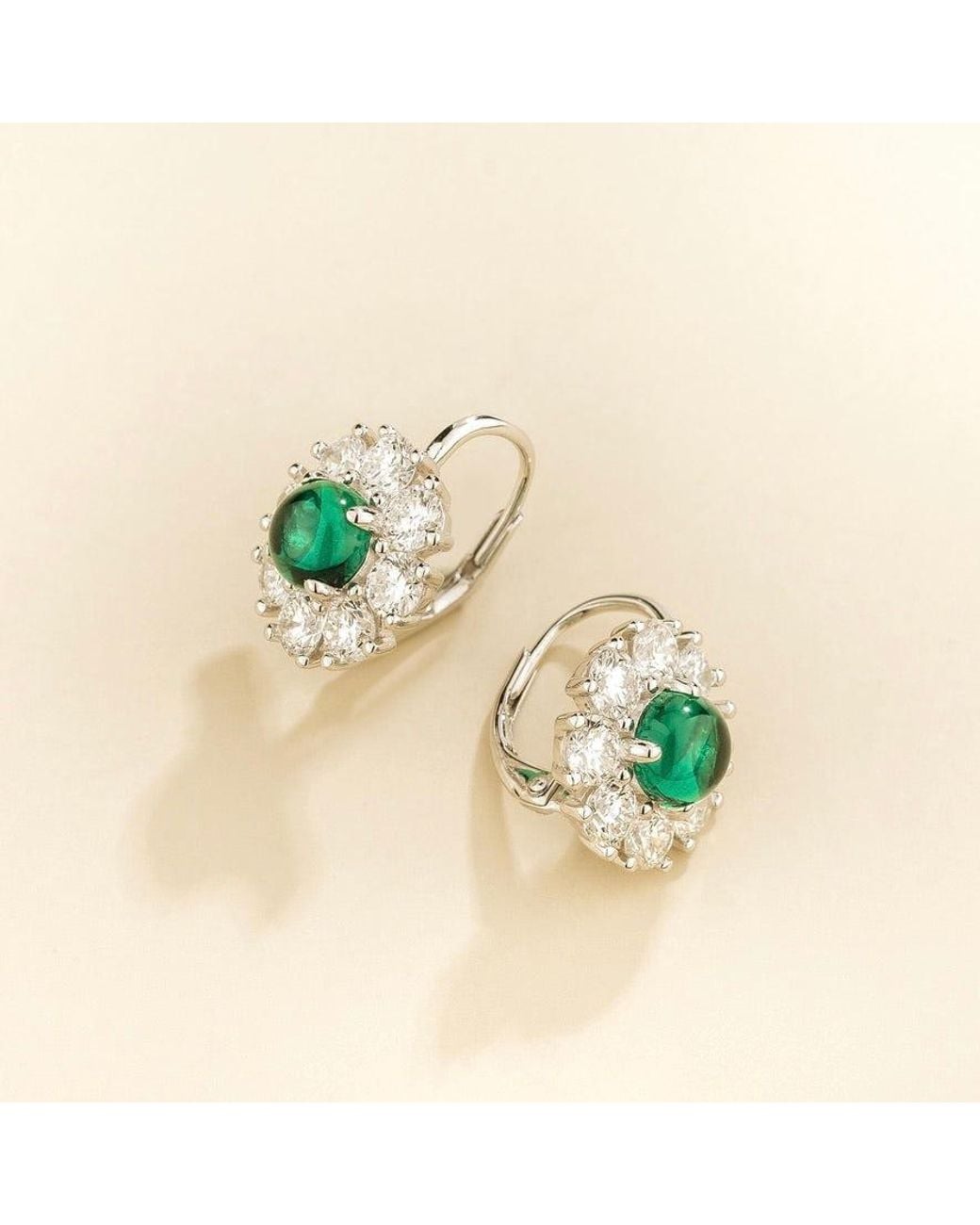 Juvetti Green Lisa Round Cabochon Emerald Halo Leverback Earrings