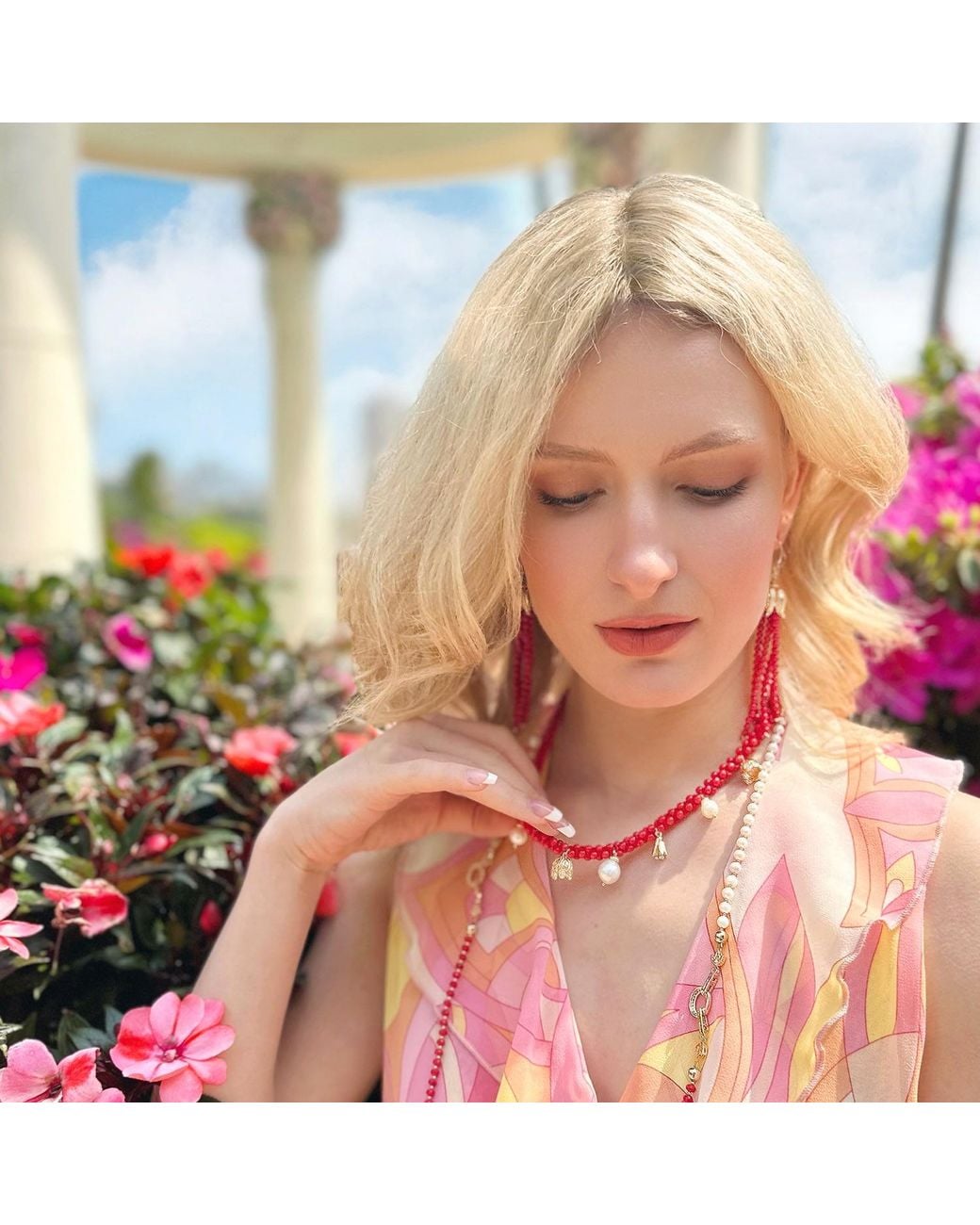 Farra Red Peanut Shaped Coral Statement Necklace
