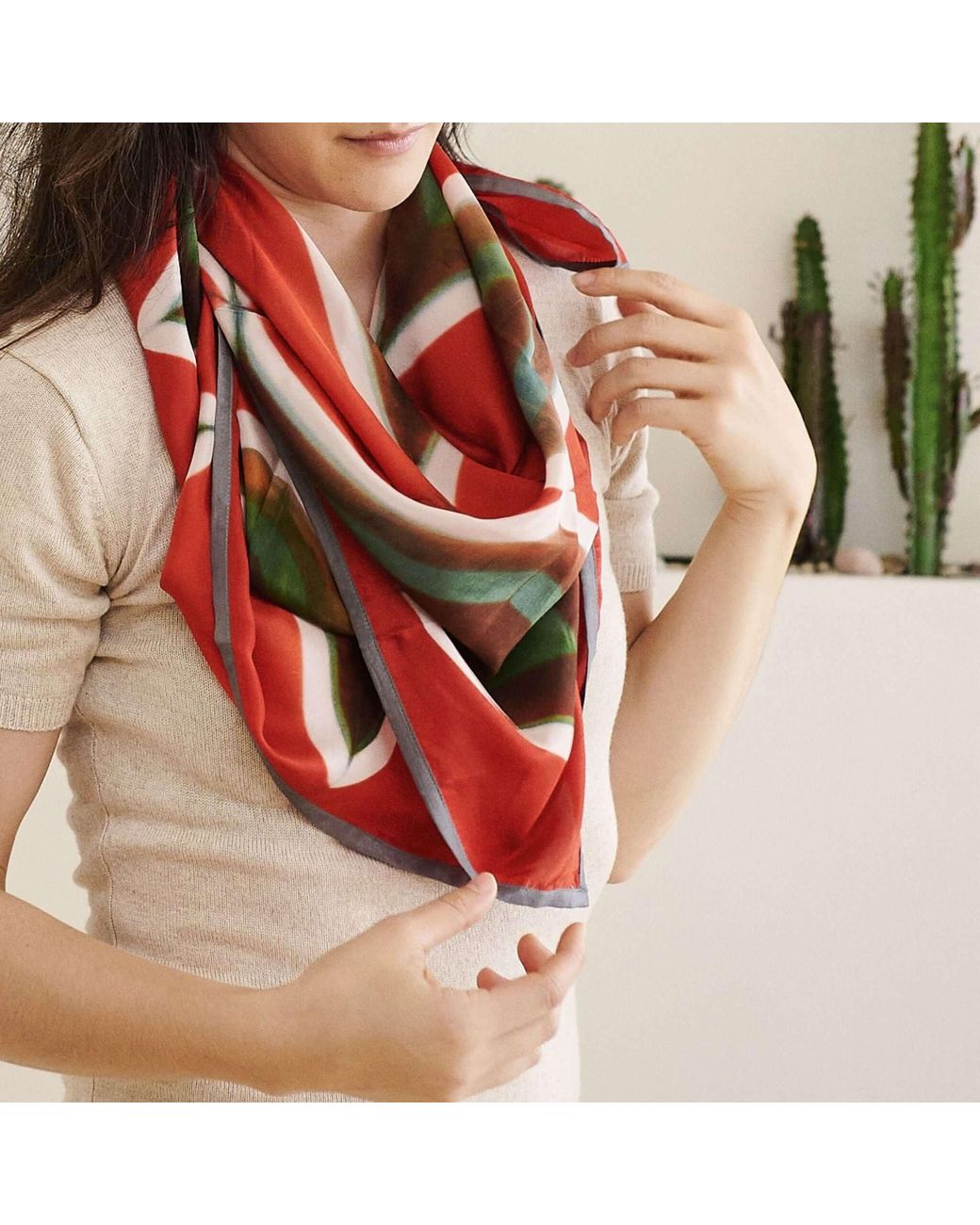 Variously Red Fawn Geometrical Print Shibori Square Silk Scarf