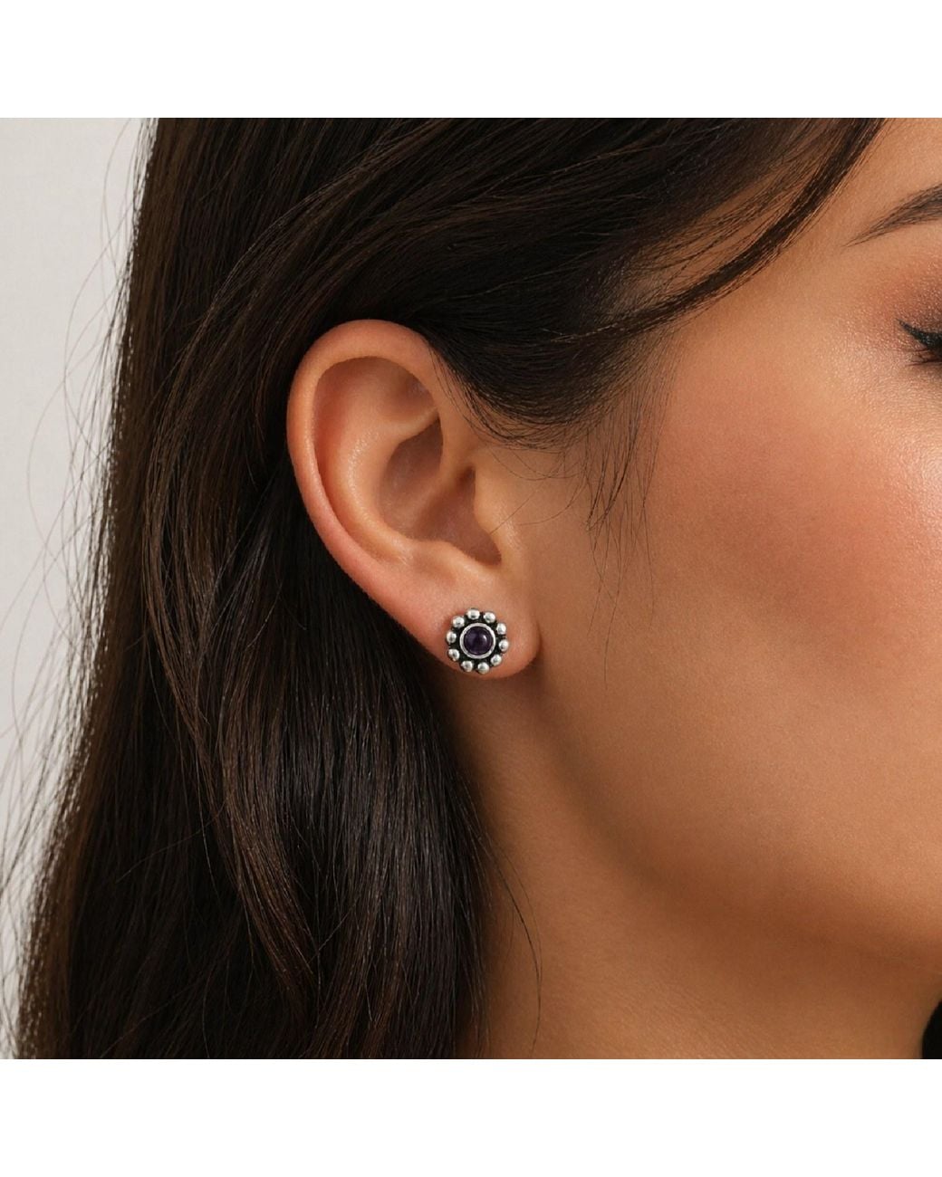 Unaloe Metallic Sterling Flower Stud Earrings With Amethyst – Contemporary Gemstone Designer Jewelry For