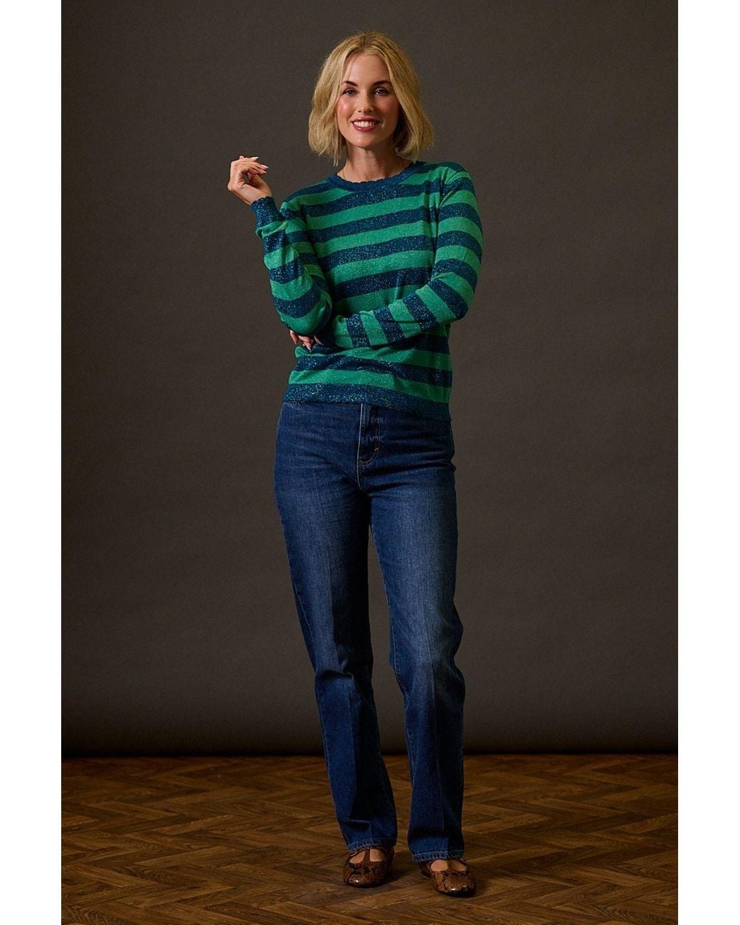 Sugarhill Green Alexa Scallop Sweater, Sparkles Stripe
