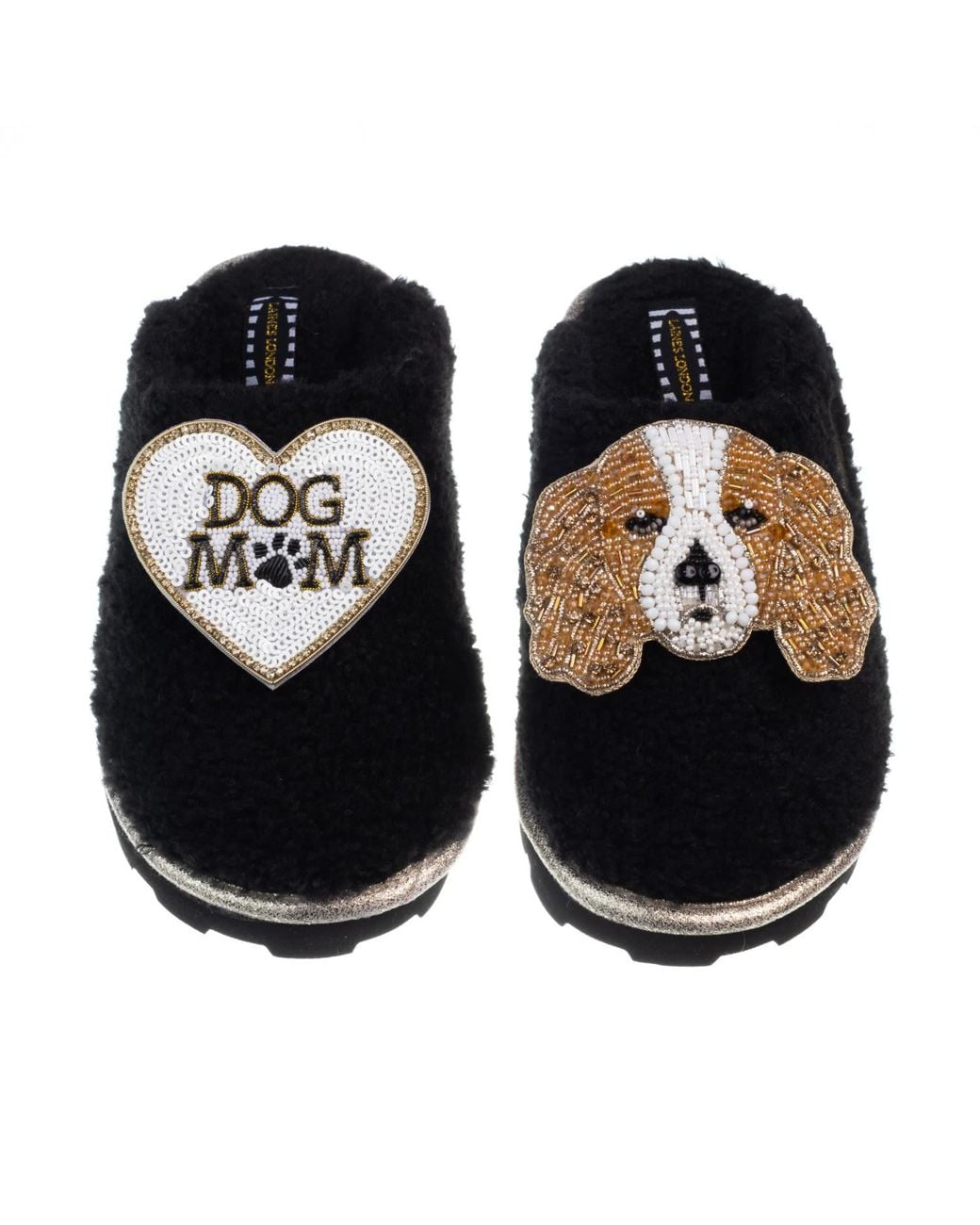 Laines London Black Teddy Closed Toe Slippers With Lady The Cavalier & Dog Mum Mom Brooches