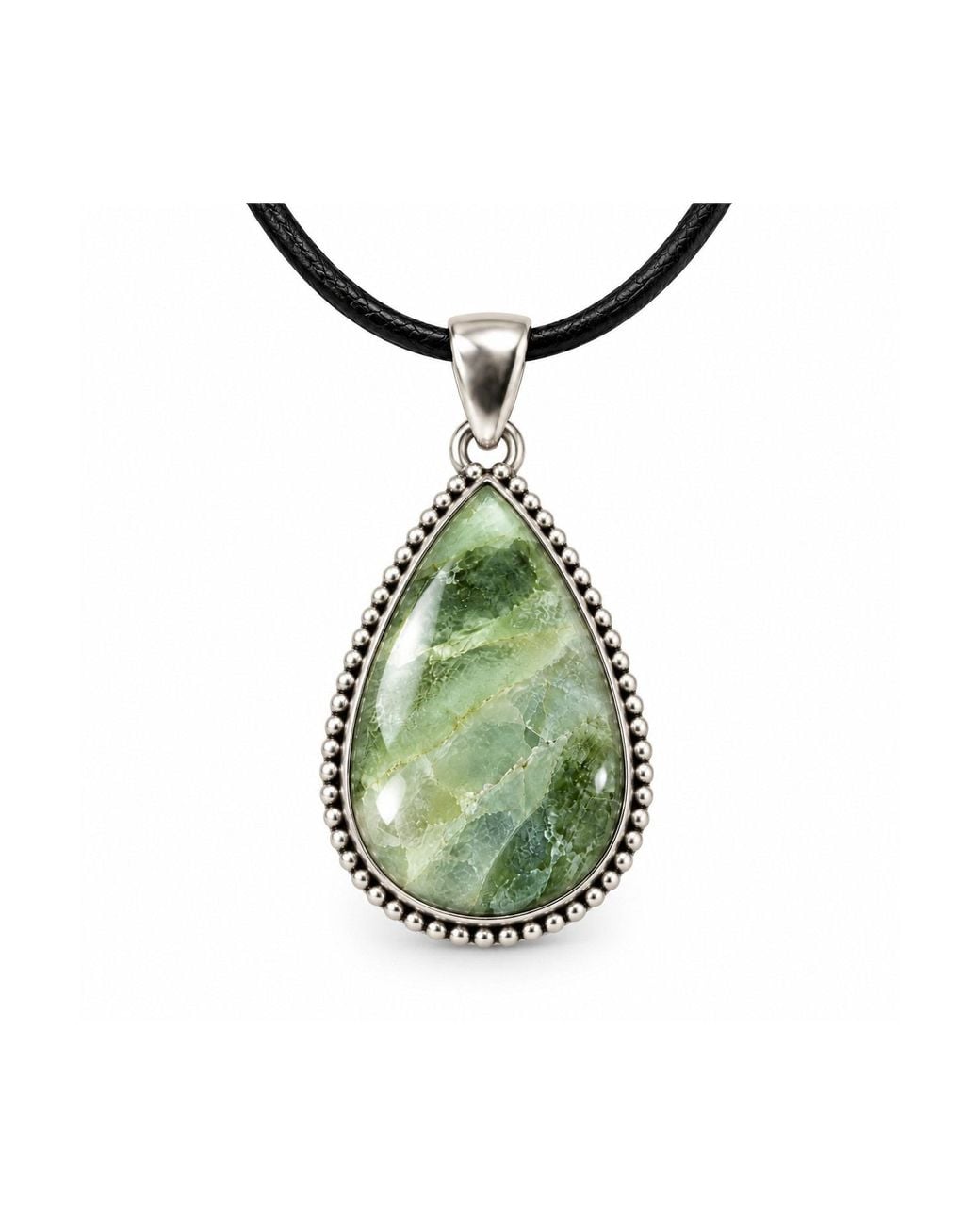 Saéa Green Sage And Cream Serpentine Teardrop Pendant Necklace On Leather Cord