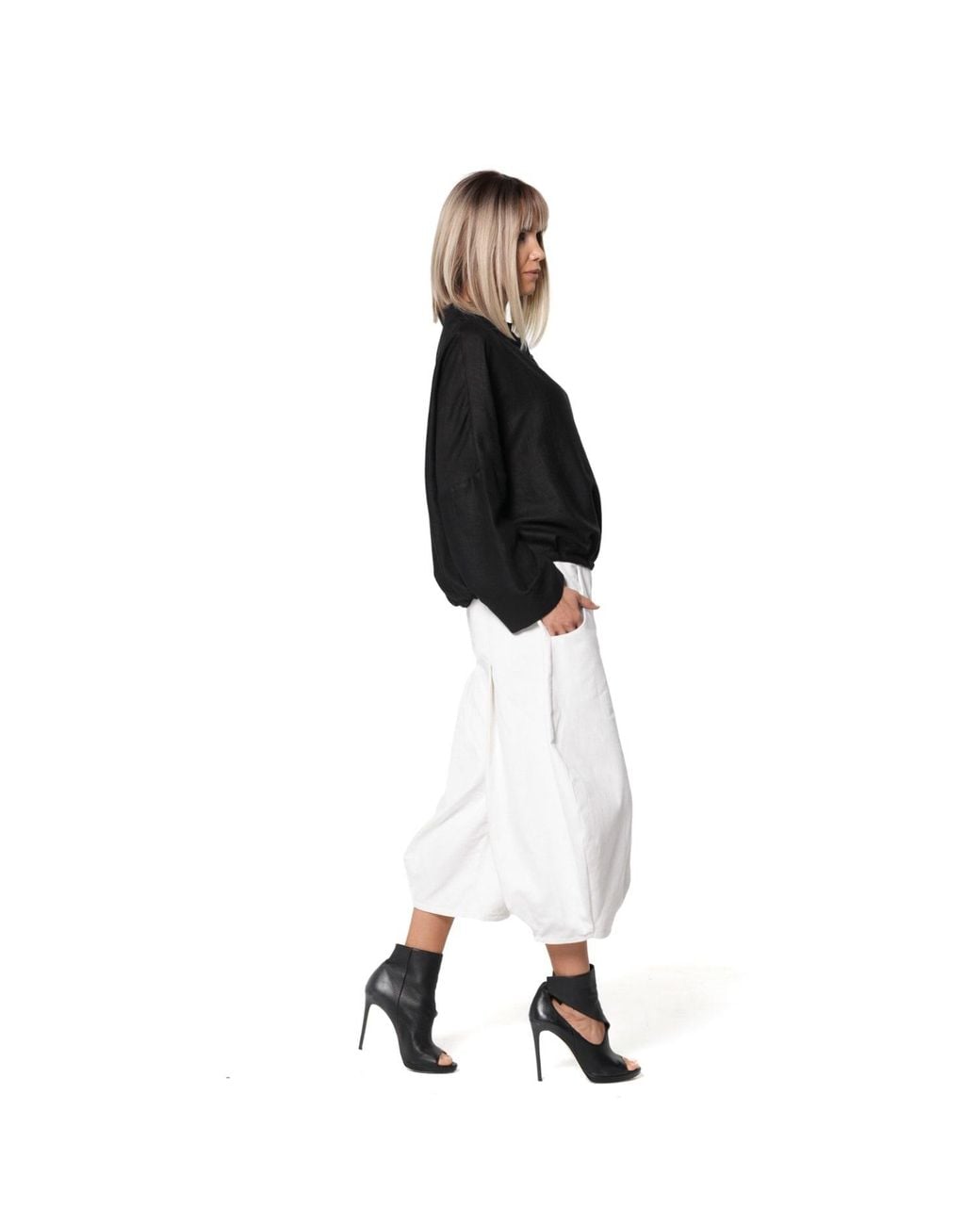 Metamorph Black Oversized Blouse With Stand Collar And Gathered Hem