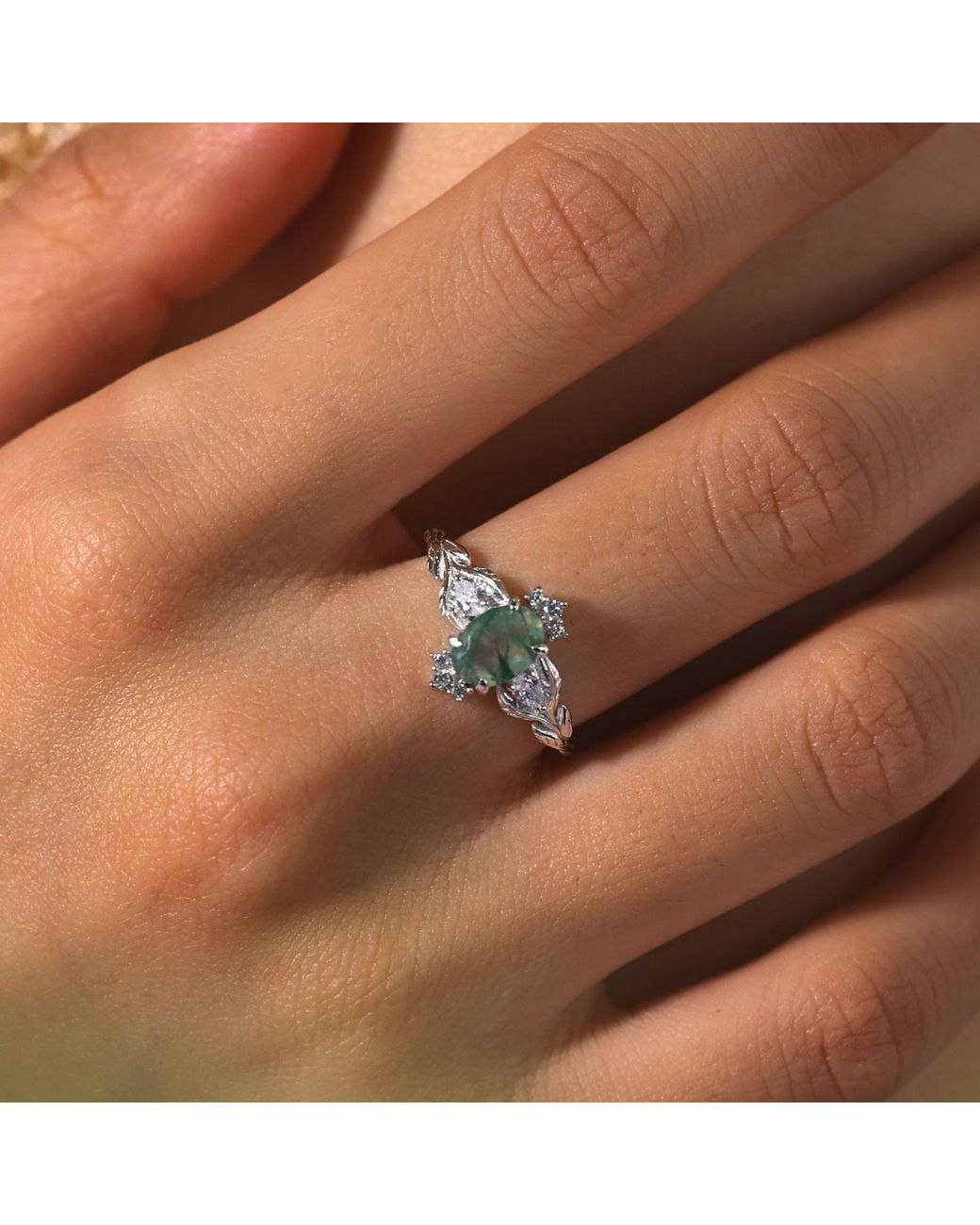 Azura Jewelry New York Green Leaf Moss Agate Ring Vermeil