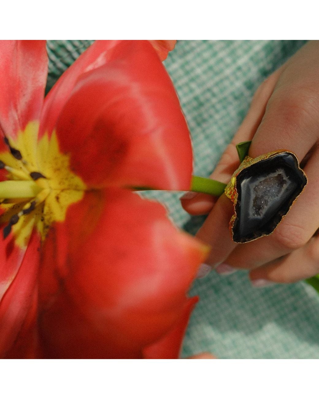 YAA YAA LONDON Black Mega Gemstone Gold Statement Ring
