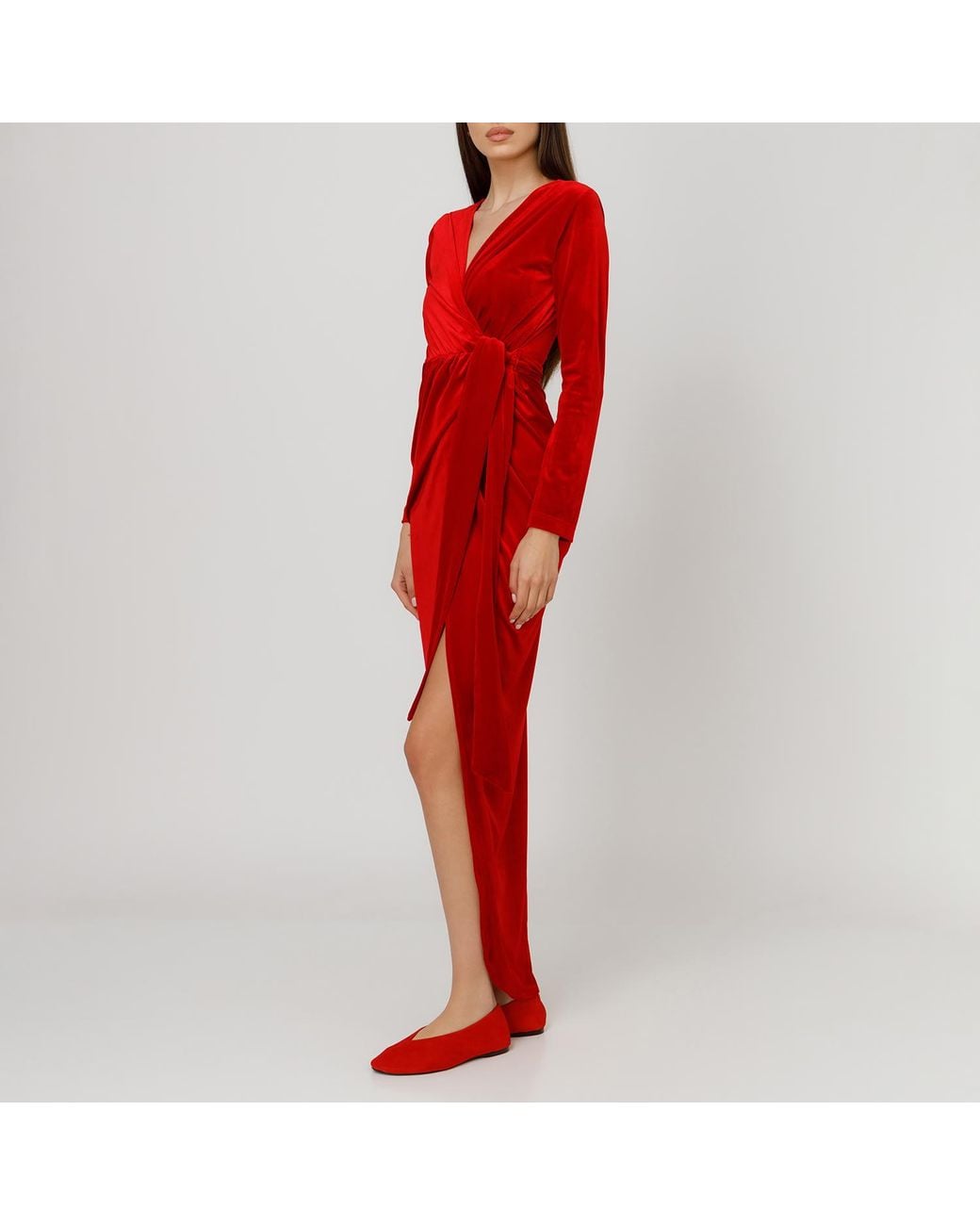 LIA ARAM Red Belted V-Neck Wrap Gown