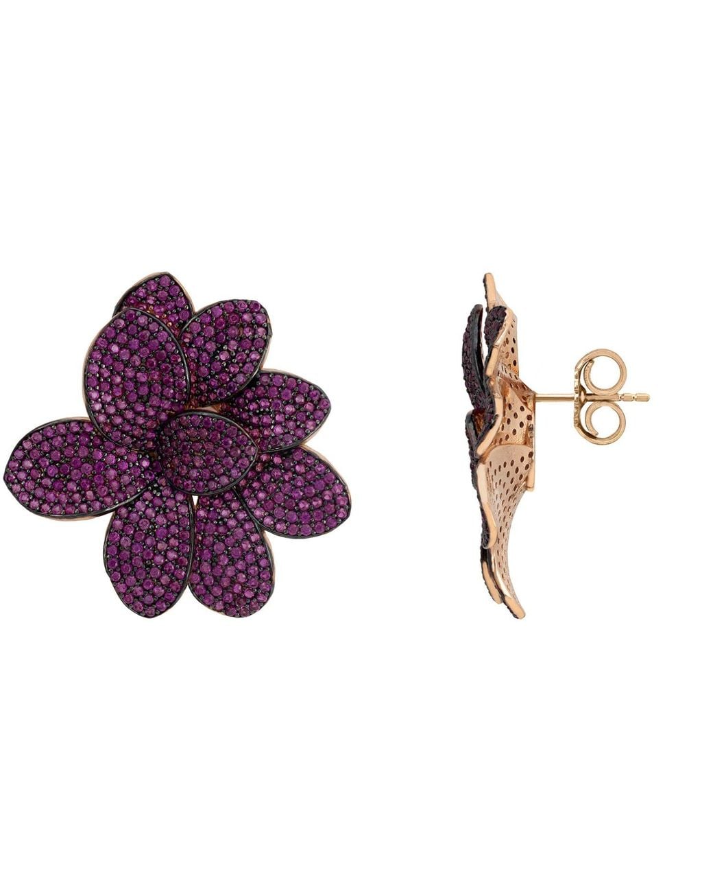 Latelita London Purple Rose Amaryllis Flower Large Stud Earrings Rosegold Ruby