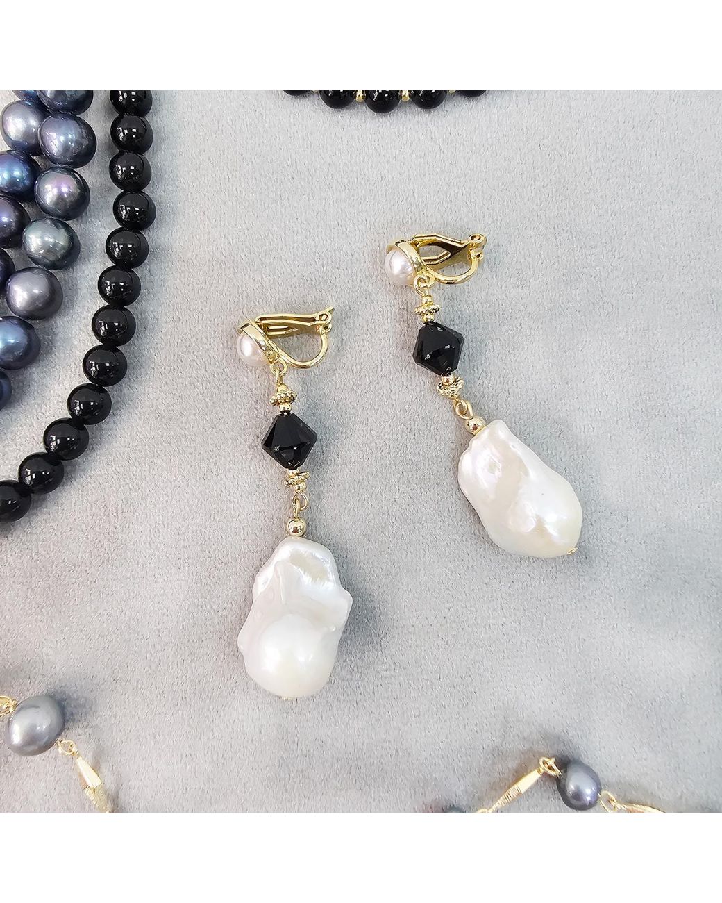 Farra Metallic Baroque Pearls With Obsidian Clip-On Earrings