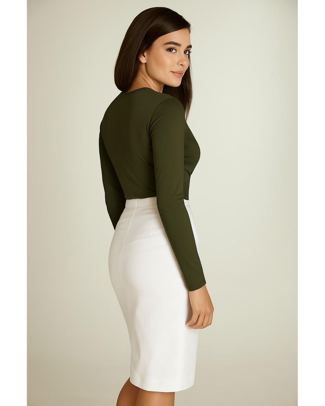 Conquista Green Viscose Elastane Jersey Top – Long Sleeve, Deep V-Neck- Dark Khaki