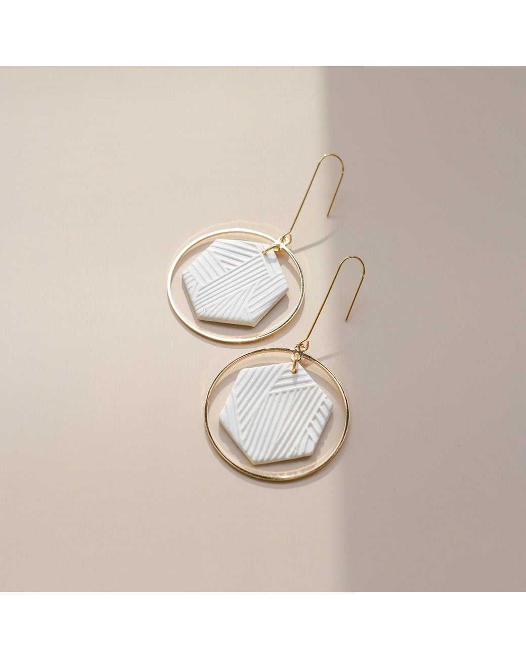 By Chavelli White Hexagon Halo Dangly Earrings