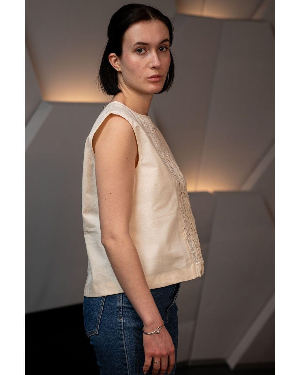 Stovaria Green Hand-Stitched Cotton Panel Statement Sleeveless Top