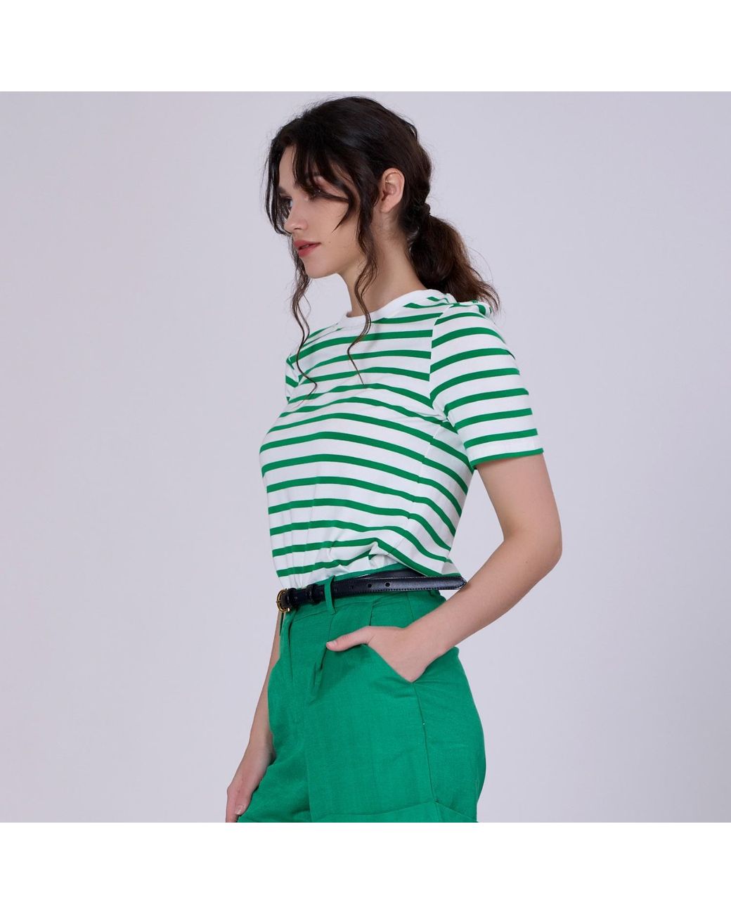 Smart and Joy Green Stripes Cotton T-Shirt