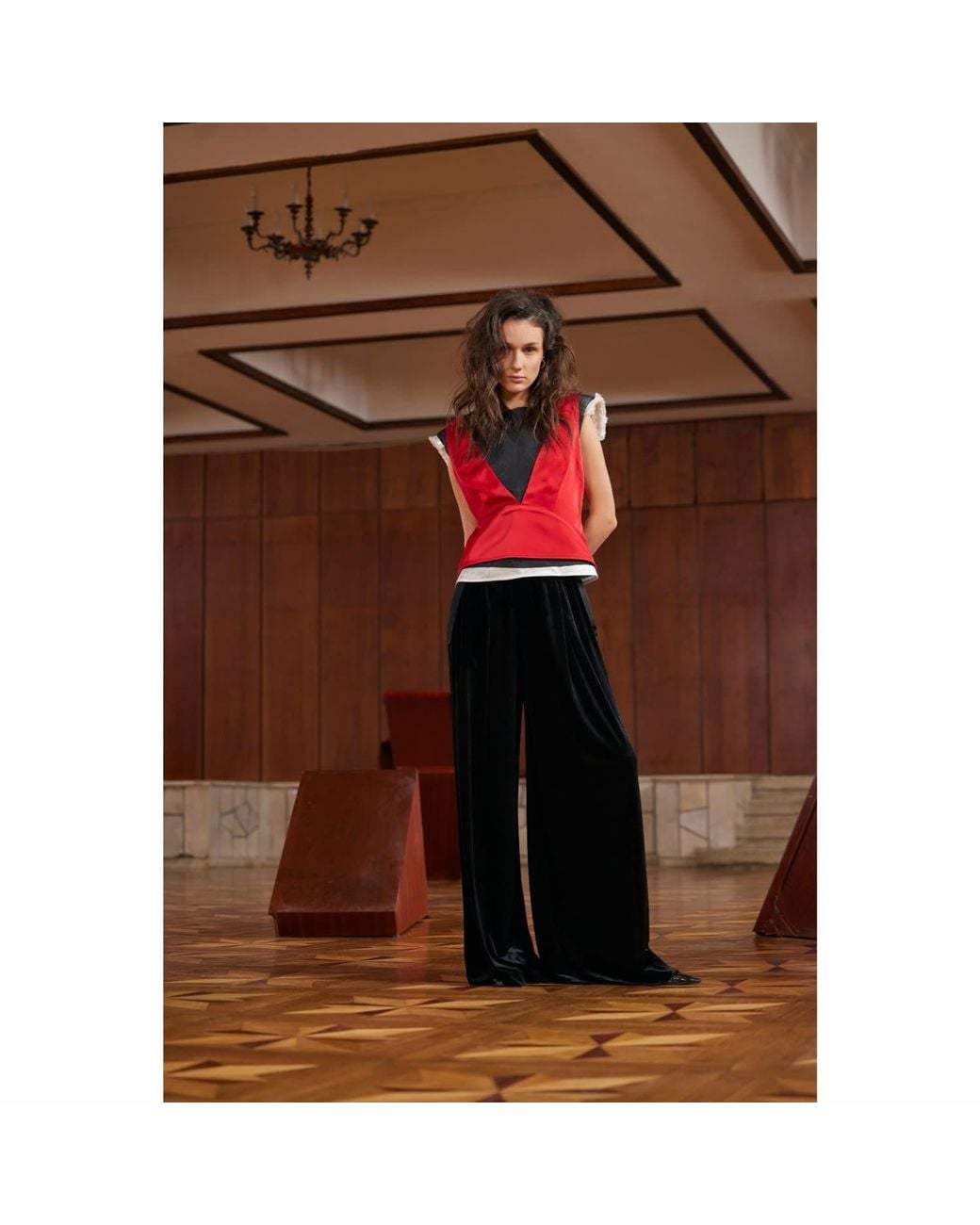 Julia Allert Black Wide-Leg Velvet Trousers With Satin Details