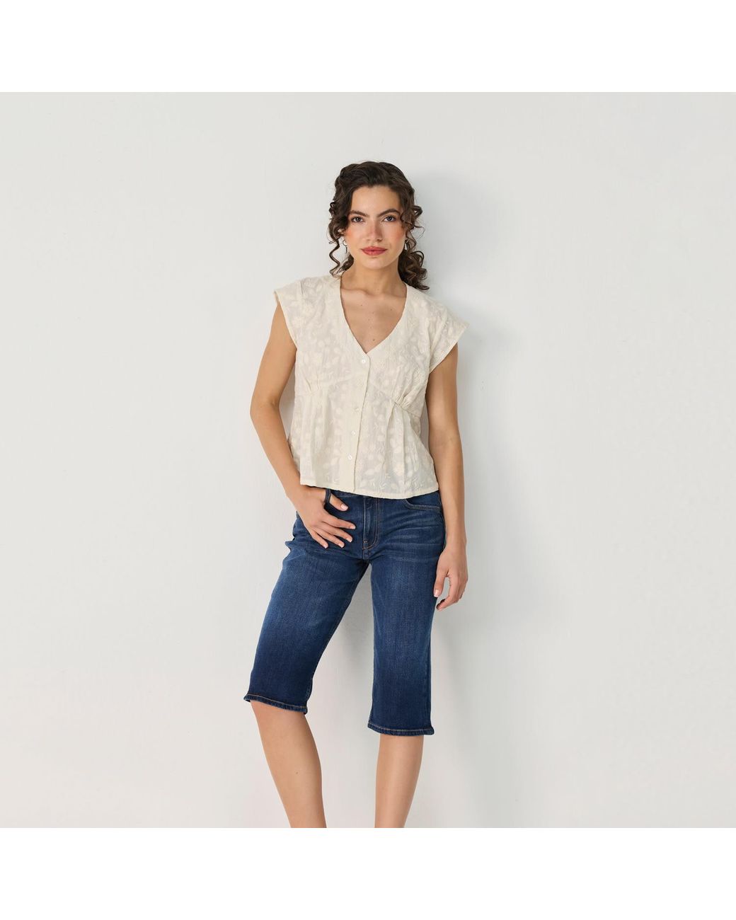 REISTOR Natural Embroidered Deep V Neck Top