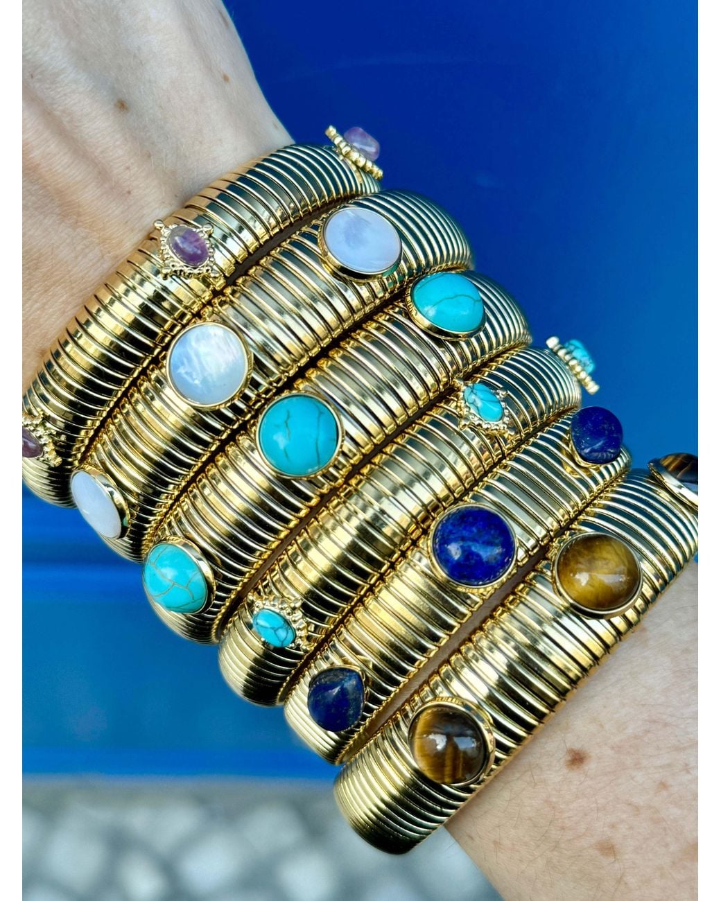 Laura Gray Metallic Tiger's Eye Or Lapis Plate Omega Bracelet