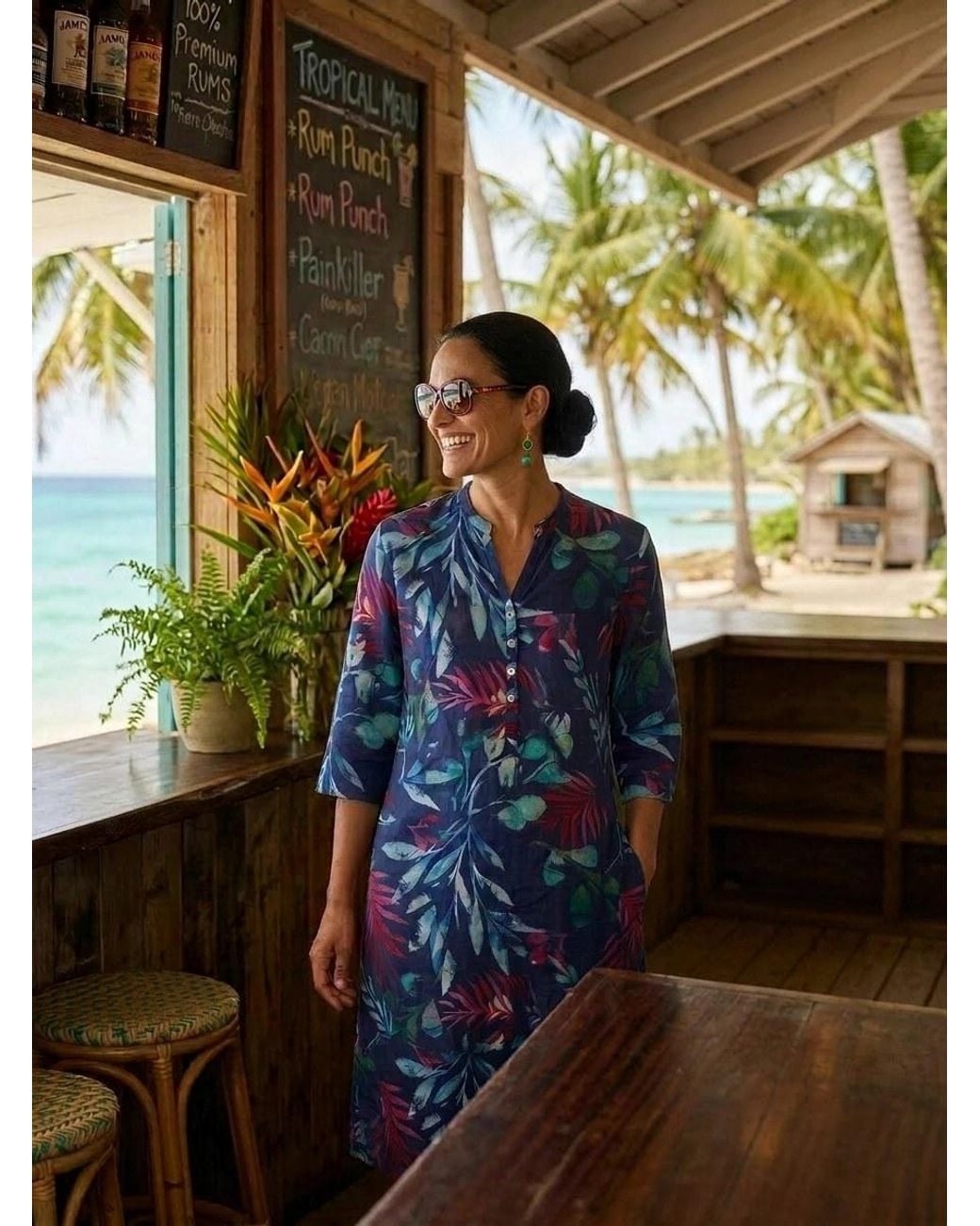 NoLoGo-chic Blue Leafy Tropic Tunic Dress