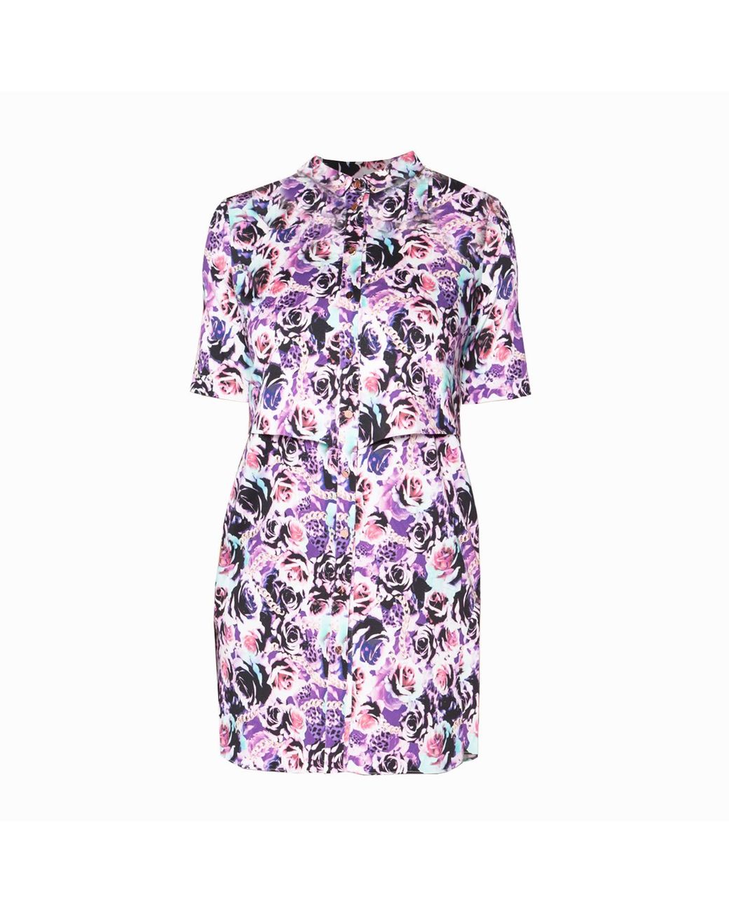 Quillattire Purple Retro Rose Print Shirt Dress