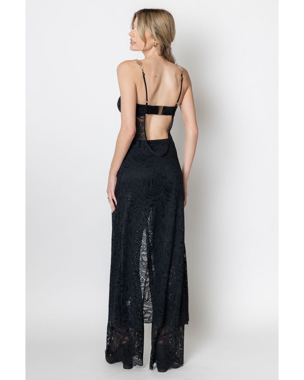 Zetaye Black Lyric Lace Long Line Chain Top