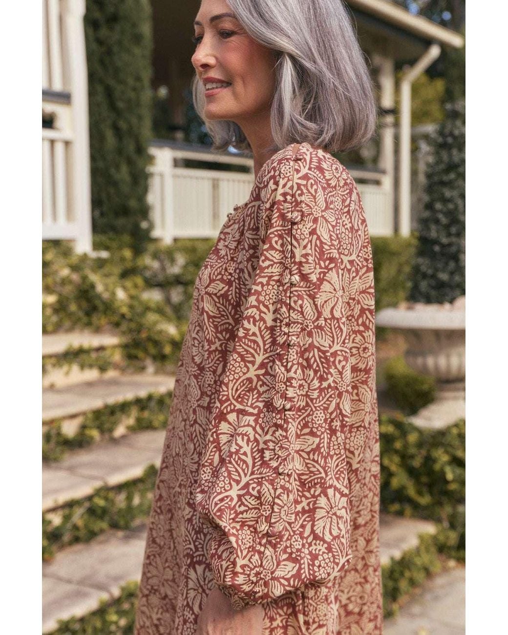 Adrift Clothing Red Neutrals Arden Button Sleeve Dress