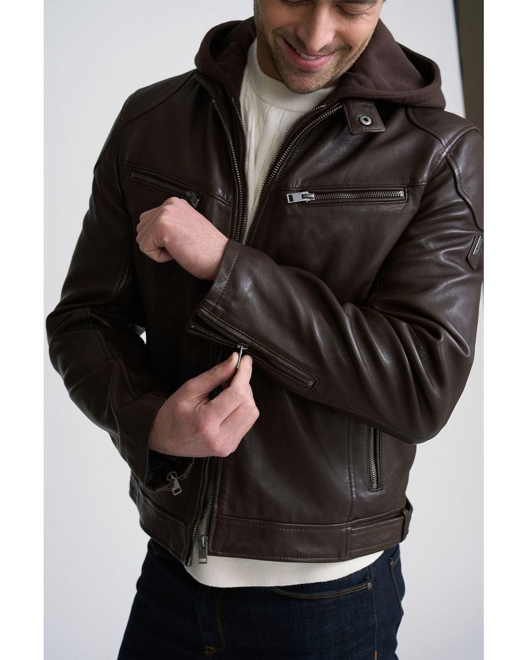 Mauritius Brown Muscle-Fit Leather Jacket With Removable Full Insert Biko for men