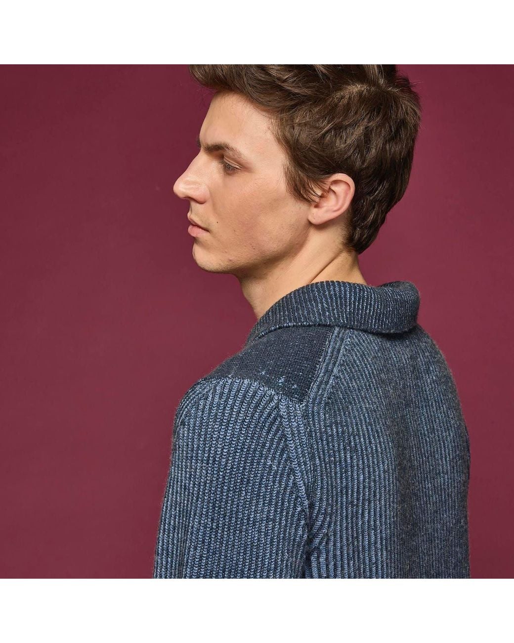 Salts Cashmere Blue Polo Sweater With Fishermens Rib Detailing