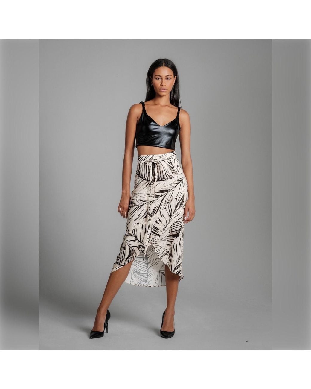 Imaatu Gray Neutrals Drape Tropical Print Asymmetrical Wrap Midi Skirt Butter