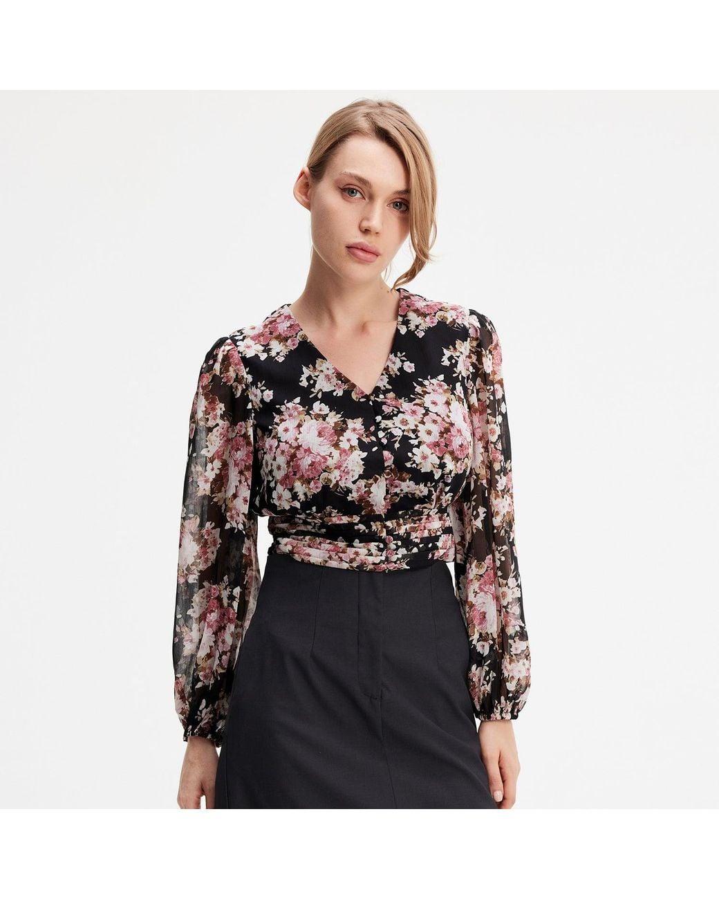 Smart and Joy Black Short Blouse With Flower Print