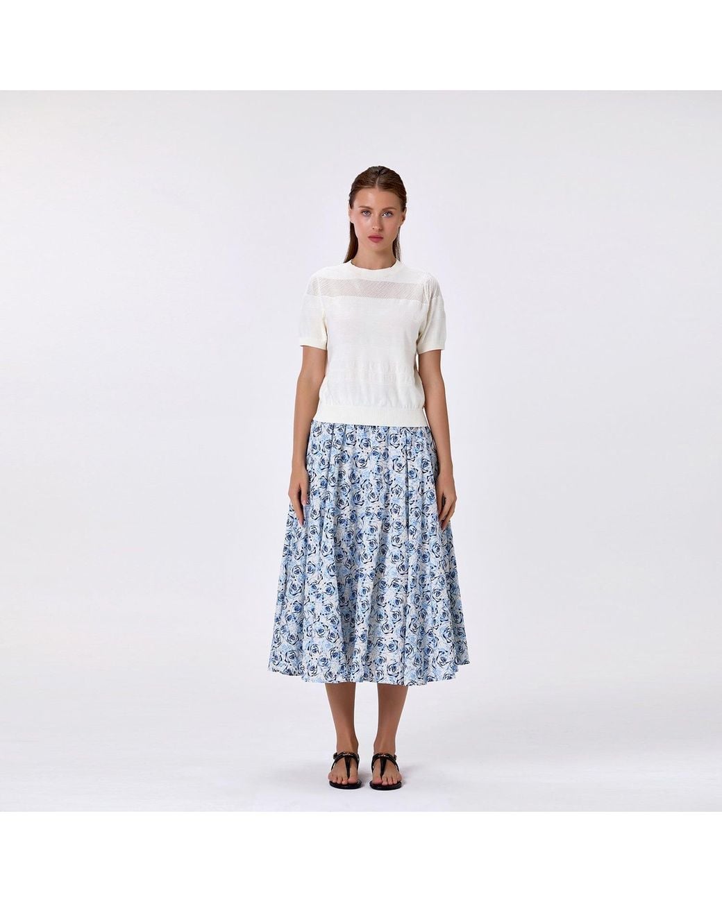 Smart and Joy Gray Floral-Print Cotton Midi Skirt