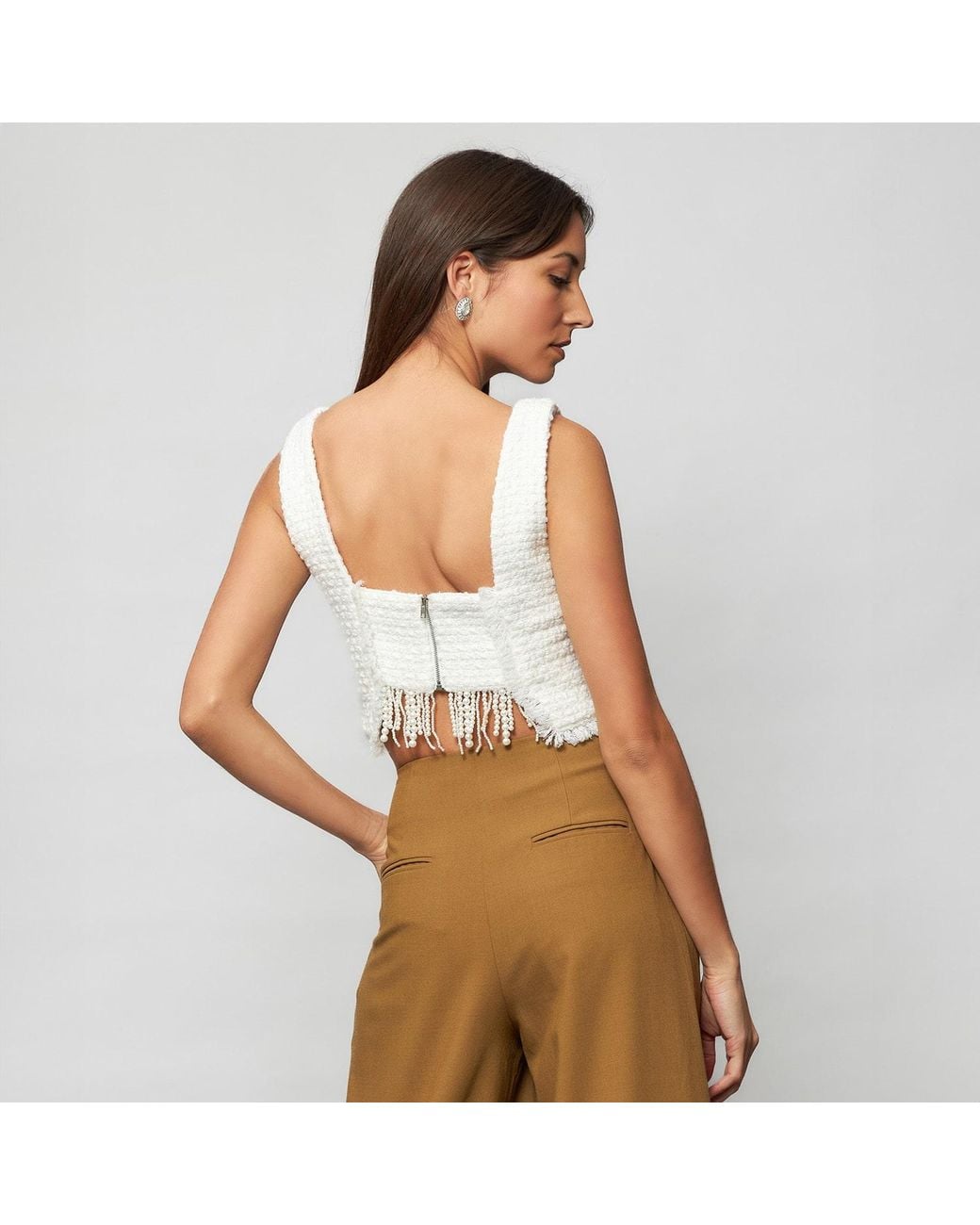 Solgo Atelier White Tia Sleeveless Crop Top Shimmering Tweed Bouclé With Pearl Fringes