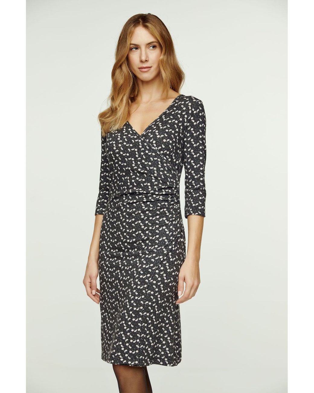 Conquista Black Print Faux Wrap Wool Dress