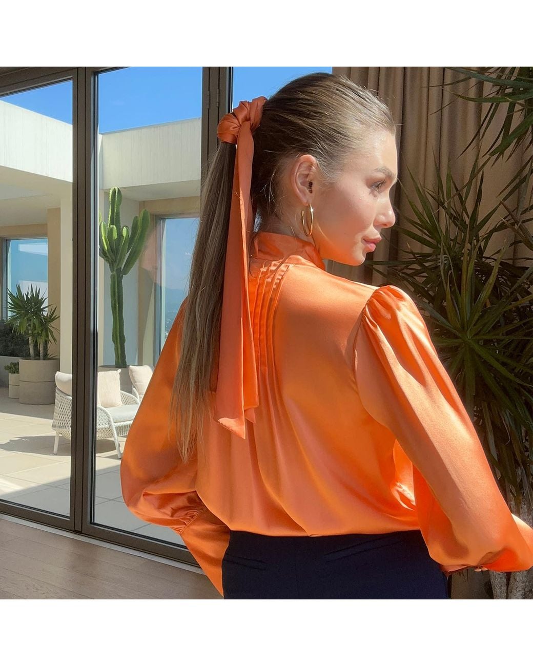 Solgo Atelier Orange Phaius Long Puff Sleeve Silk Charmeuse Blouse With Pintuck Details And Removable Bowtie