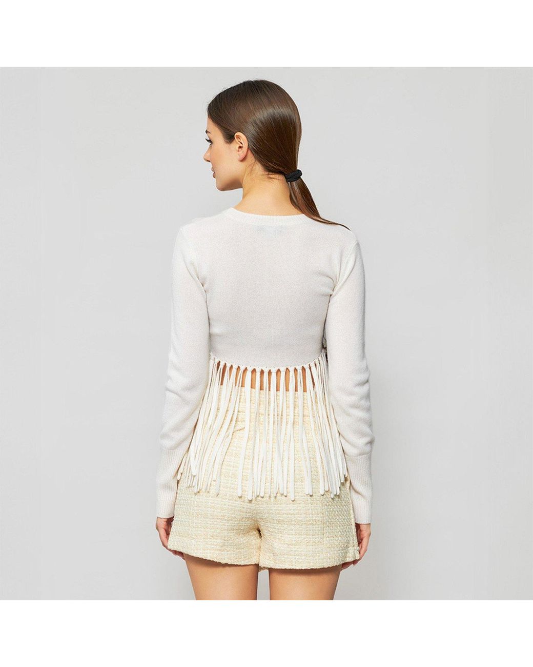 Solgo Atelier White Neutrals Mia Long Sleeve Cashmere Sweater Top With Hand Knotted Fringe Hem