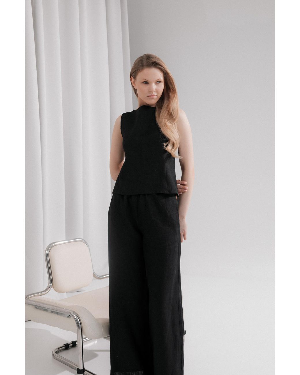 Idyllo Brown Linen Open Back Top With Tie