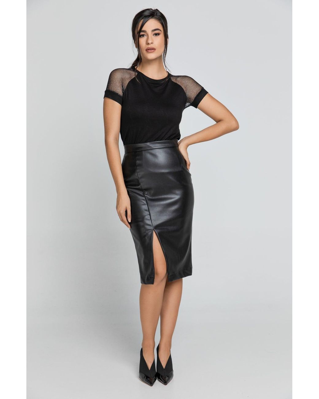 Conquista Black Faux Leather Pencil Skirt By Fashion