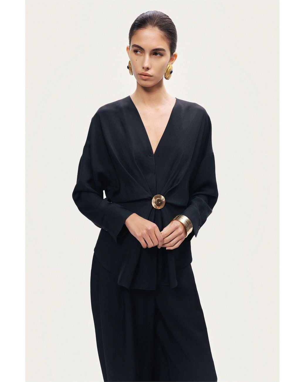 Nocturne Black Draped Buckle-Detail Shirt