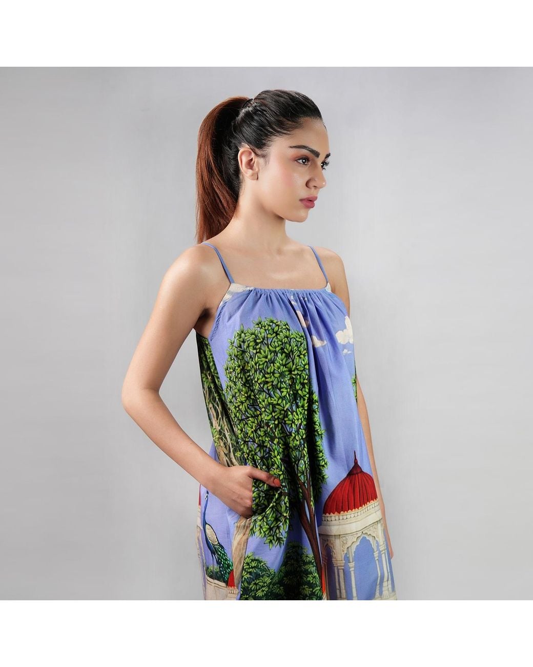 DHARA SHETH DUBAI Blue Saanjh Heritage Art Print Spaghetti Strap Maxi Dress