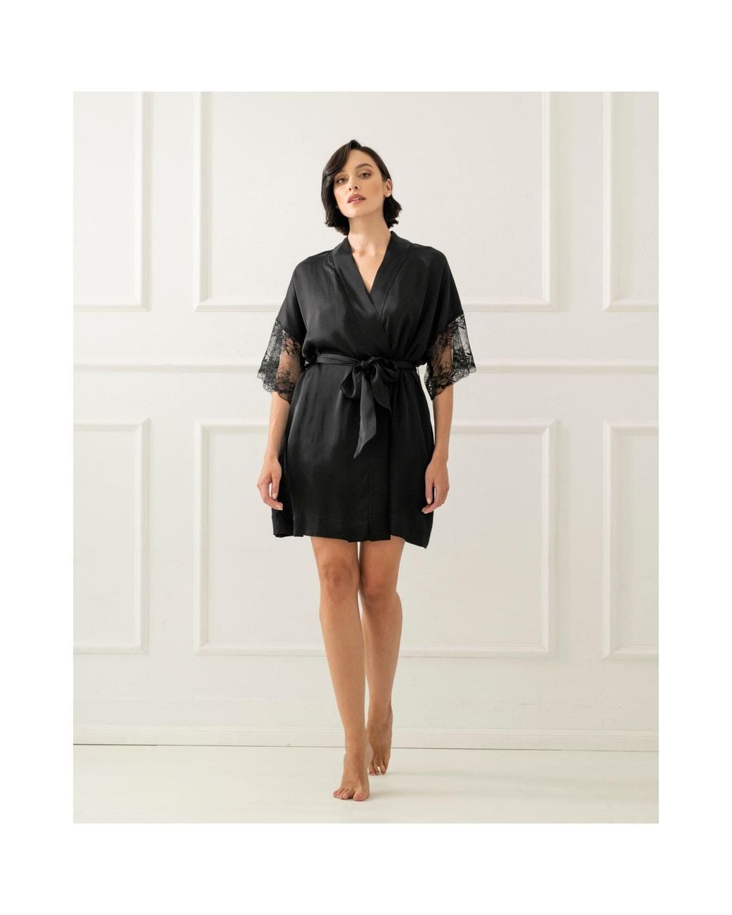 Oh!Zuza Black Satin Robe With Lace