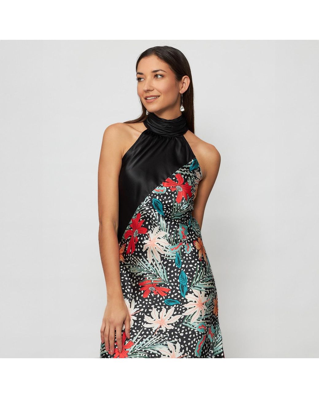 Solgo Atelier Blue Yera Sleevless Floral Printed Silk Midi Dress With Contrasting Gathered Mock Neck And Stylized Side Ruffle Slit