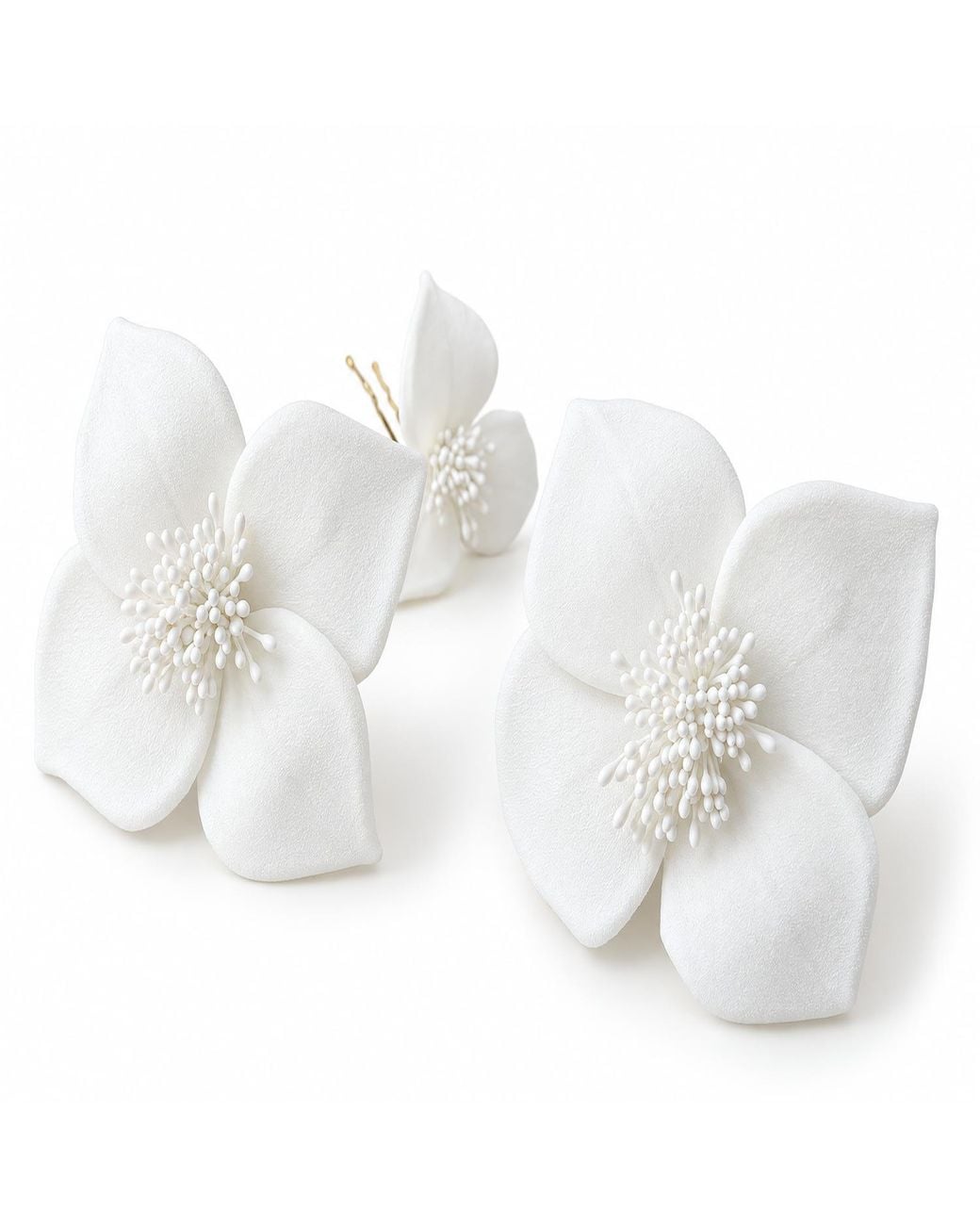 Yeva Sebastia White Crepe Flower Bridal Hair Pin Set