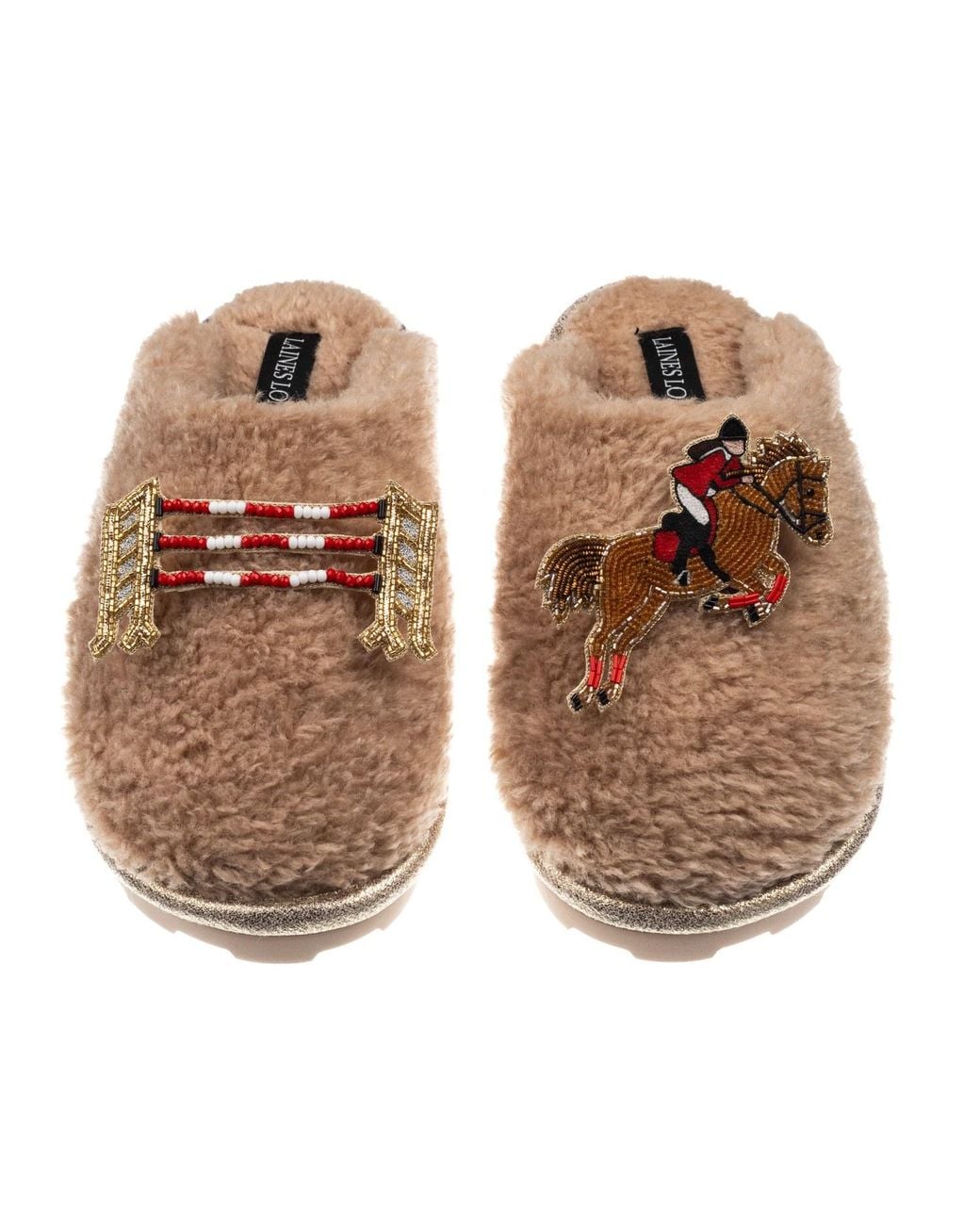 Laines London Brown Embroidered Faux Fur Closed-Toe Slippers
