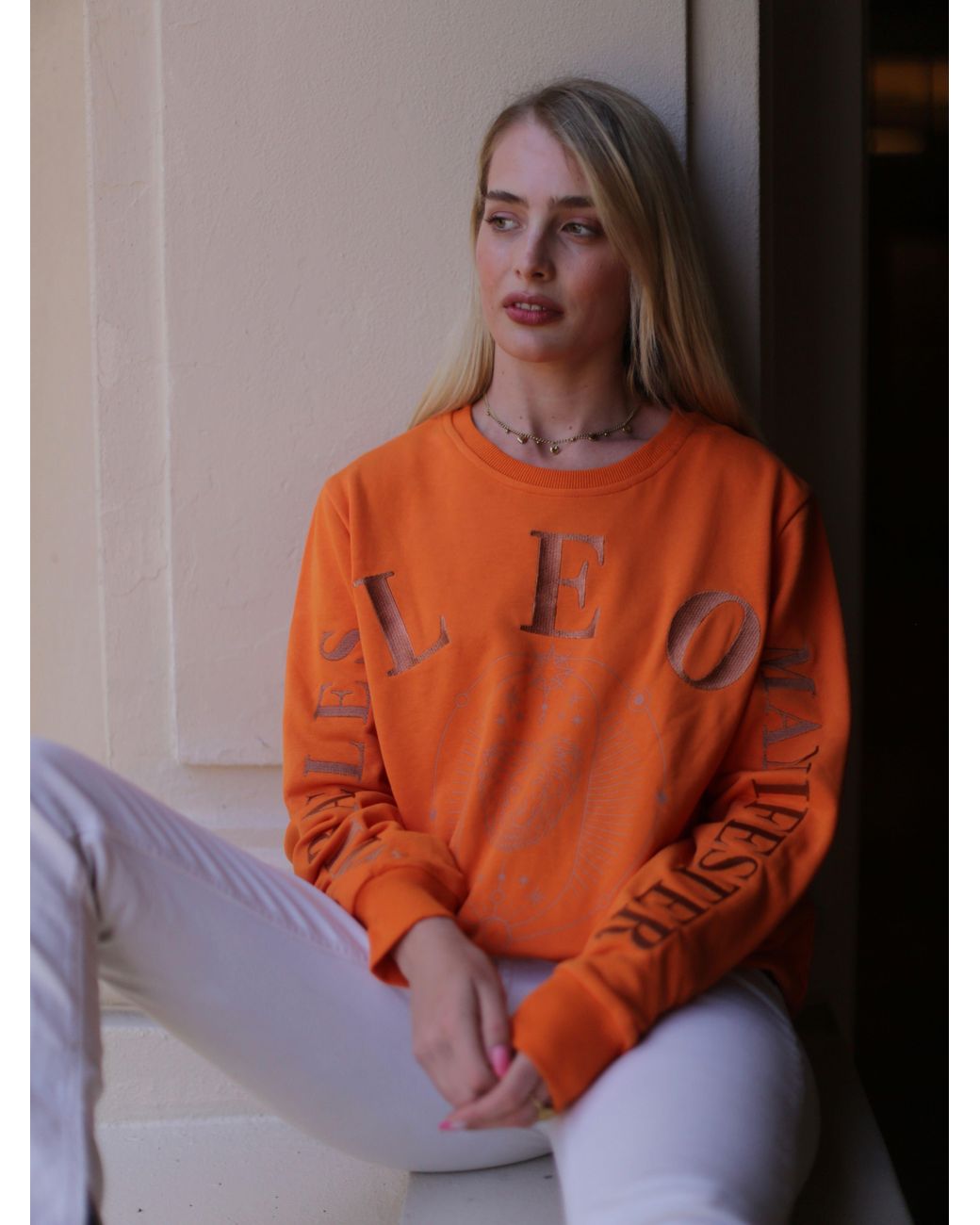 Miracles Manifester Orange Oversized Embroidered Leo Sign Sweatshirt