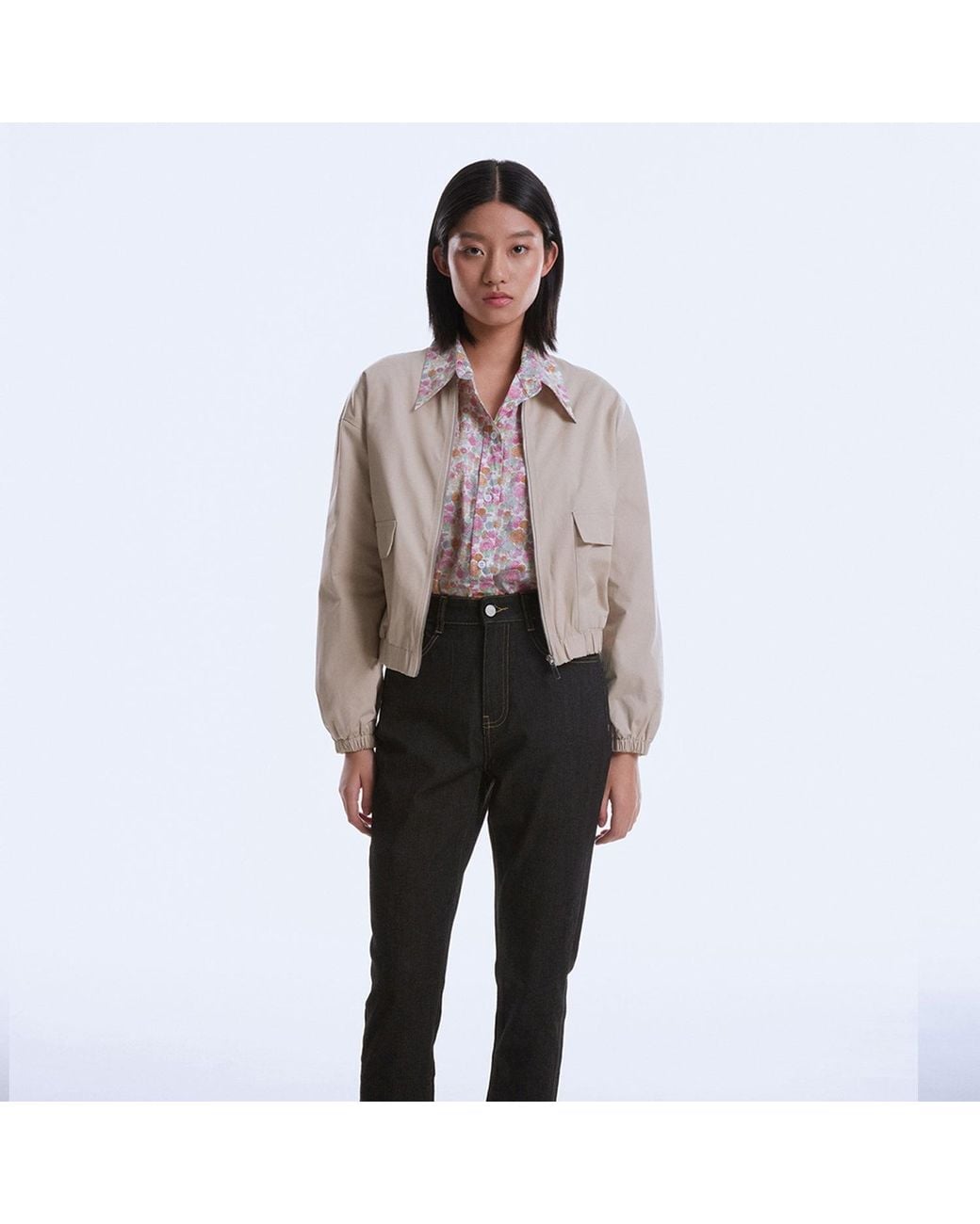 Smart and Joy Natural Neutrals Cropped Bomber Jacket
