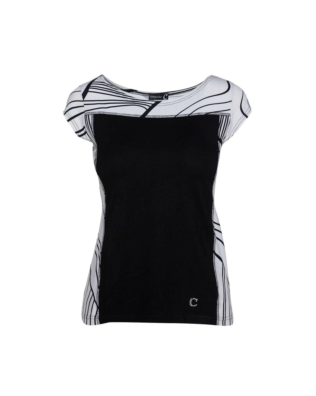 Conquista Black Two-Tone Cap Sleeve Print Top